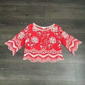 Solitaire Anthropologie Top Womens Small Coral Embroidered Boho Blouse Scalloped
